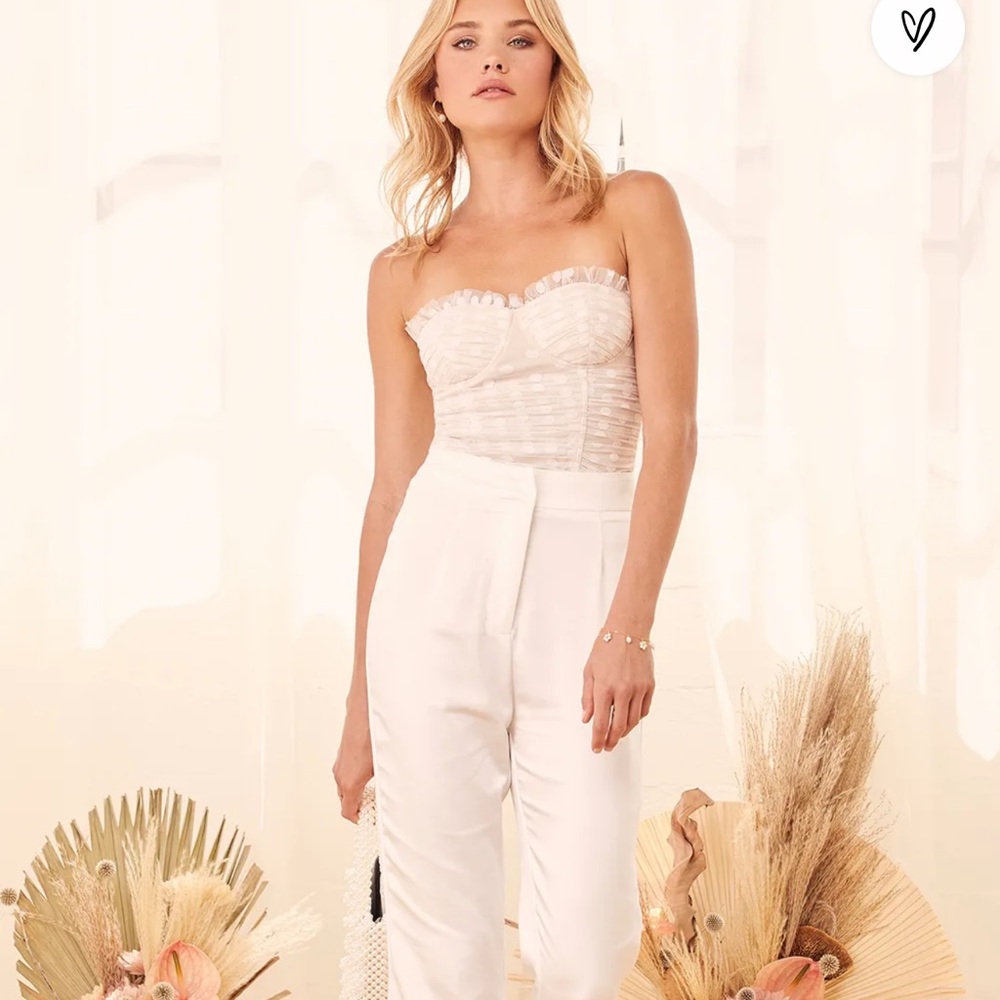 Lulus- In the Spotlight White and Beige Polka Dot Mesh Bustier Crop Top
